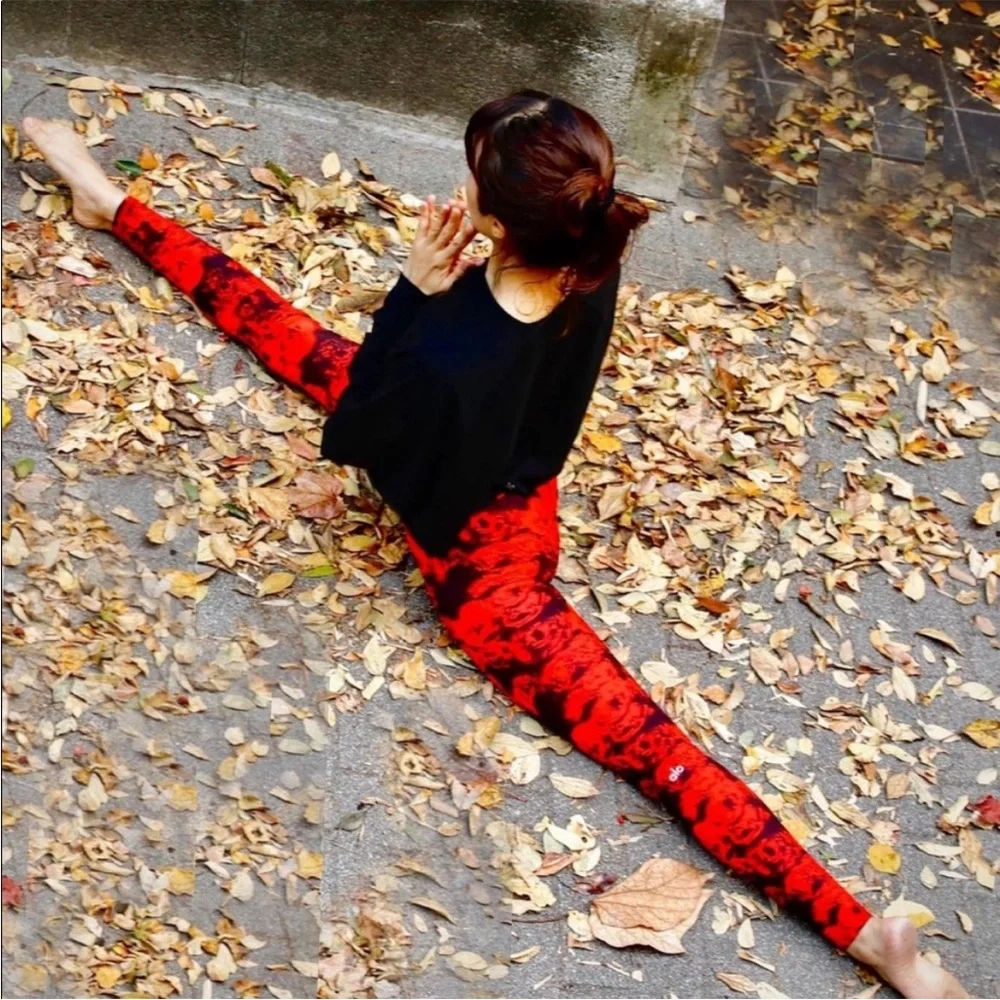 2 PIECE Alo Yoga VAPOR ROSES BRA & HIGH-WAIST ROSES LEGGING set in Cherry